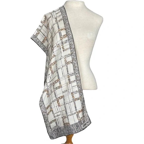 Adolfo Vintage Plaid Print Silk Scarf in Cream/Black - Picture 4 of 7